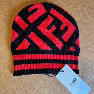 Fendi Black & Red Logo Knit Beanie